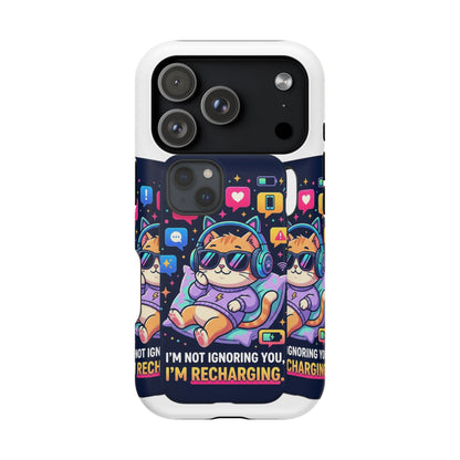 Phone Case — “I’m Not Ignoring You, I’m Recharging” Cute Gaming Cat Magnetic Impact Case by Printify