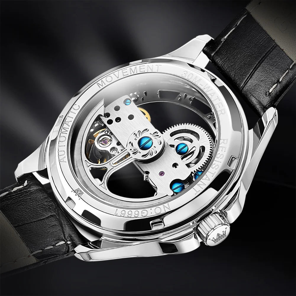 OLEVS Luxury Men Watches Automatic Mechanical Wristwatch Skeleton Design Waterproof Leather Strap Male Watch Reloj Hombre by Dralexda Shop