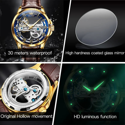 OLEVS Luxury Men Watches Automatic Mechanical Wristwatch Skeleton Design Waterproof Leather Strap Male Watch Reloj Hombre by Dralexda Shop
