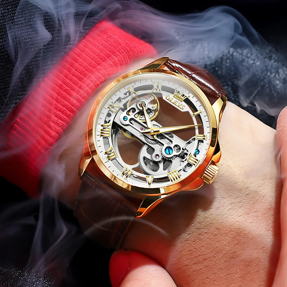 OLEVS Luxury Men Watches Automatic Mechanical Wristwatch Skeleton Design Waterproof Leather Strap Male Watch Reloj Hombre by Dralexda Shop