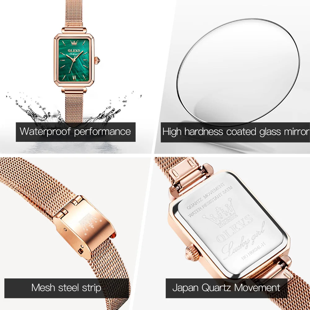 OLEVS 6624 Original Women Watch Luxury Top Green Square Waterproof Clock Fashion Elegant Brand Women Quartz Watch Reloj Mujer by Dralexda Shop