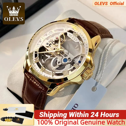 OLEVS Luxury Men Watches Automatic Mechanical Wristwatch Skeleton Design Waterproof Leather Strap Male Watch Reloj Hombre by Dralexda Shop