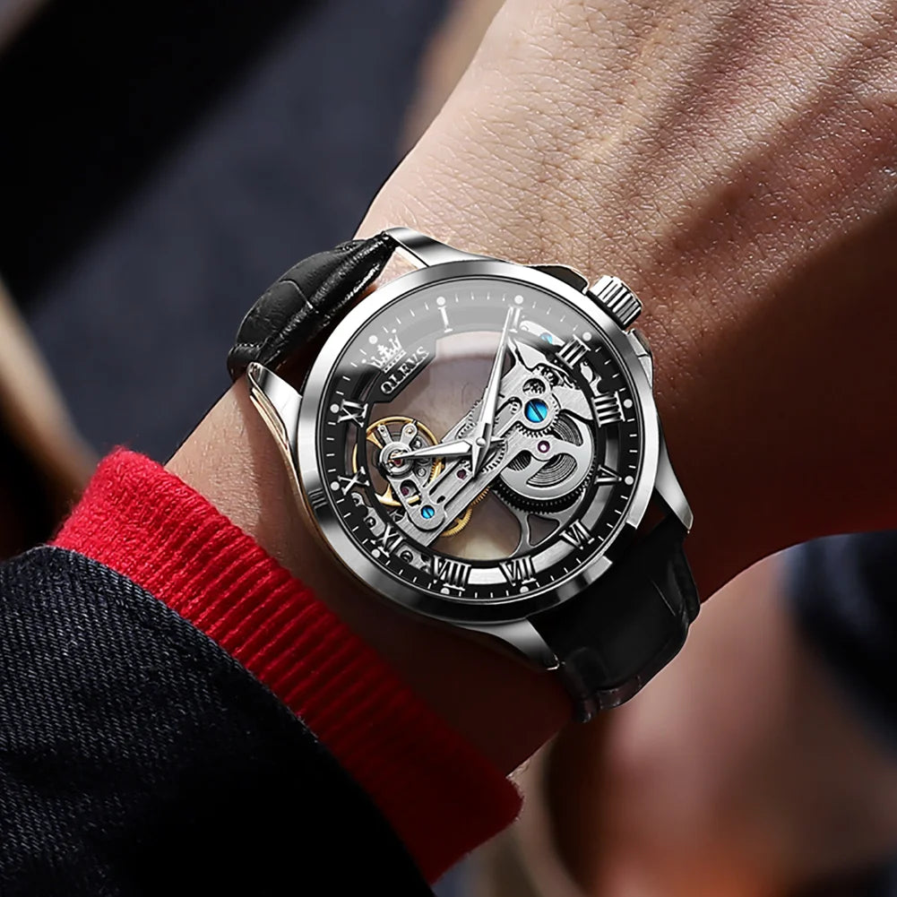 OLEVS Luxury Men Watches Automatic Mechanical Wristwatch Skeleton Design Waterproof Leather Strap Male Watch Reloj Hombre by Dralexda Shop