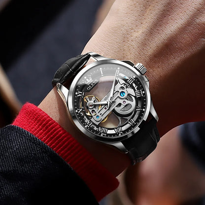 OLEVS Luxury Men Watches Automatic Mechanical Wristwatch Skeleton Design Waterproof Leather Strap Male Watch Reloj Hombre by Dralexda Shop