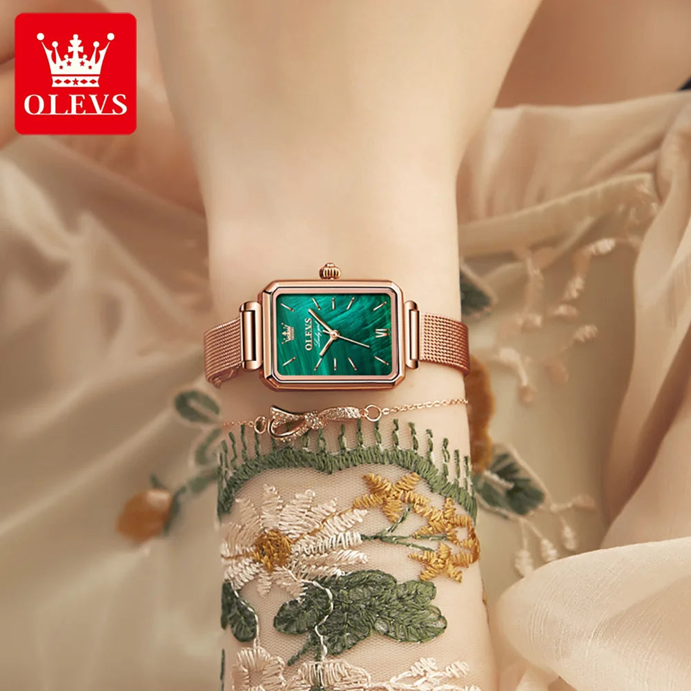 OLEVS 6624 Original Women Watch Luxury Top Green Square Waterproof Clock Fashion Elegant Brand Women Quartz Watch Reloj Mujer by Dralexda Shop