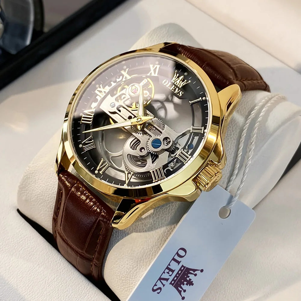 OLEVS Luxury Men Watches Automatic Mechanical Wristwatch Skeleton Design Waterproof Leather Strap Male Watch Reloj Hombre by Dralexda Shop