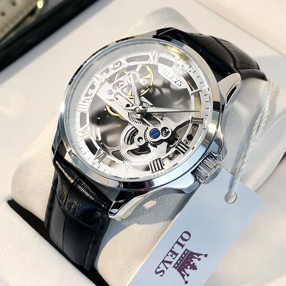 OLEVS Luxury Men Watches Automatic Mechanical Wristwatch Skeleton Design Waterproof Leather Strap Male Watch Reloj Hombre by Dralexda Shop