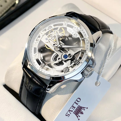 OLEVS Luxury Men Watches Automatic Mechanical Wristwatch Skeleton Design Waterproof Leather Strap Male Watch Reloj Hombre by Dralexda Shop