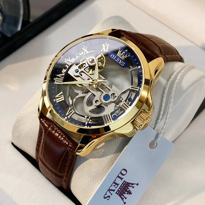 OLEVS Luxury Men Watches Automatic Mechanical Wristwatch Skeleton Design Waterproof Leather Strap Male Watch Reloj Hombre by Dralexda Shop