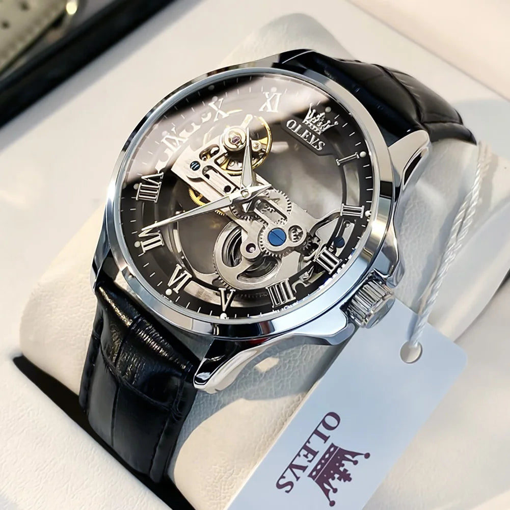 OLEVS Luxury Men Watches Automatic Mechanical Wristwatch Skeleton Design Waterproof Leather Strap Male Watch Reloj Hombre by Dralexda Shop