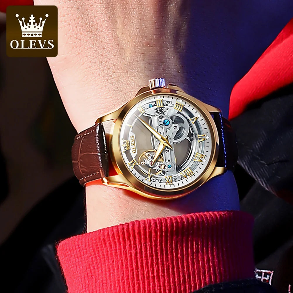OLEVS Luxury Men Watches Automatic Mechanical Wristwatch Skeleton Design Waterproof Leather Strap Male Watch Reloj Hombre by Dralexda Shop