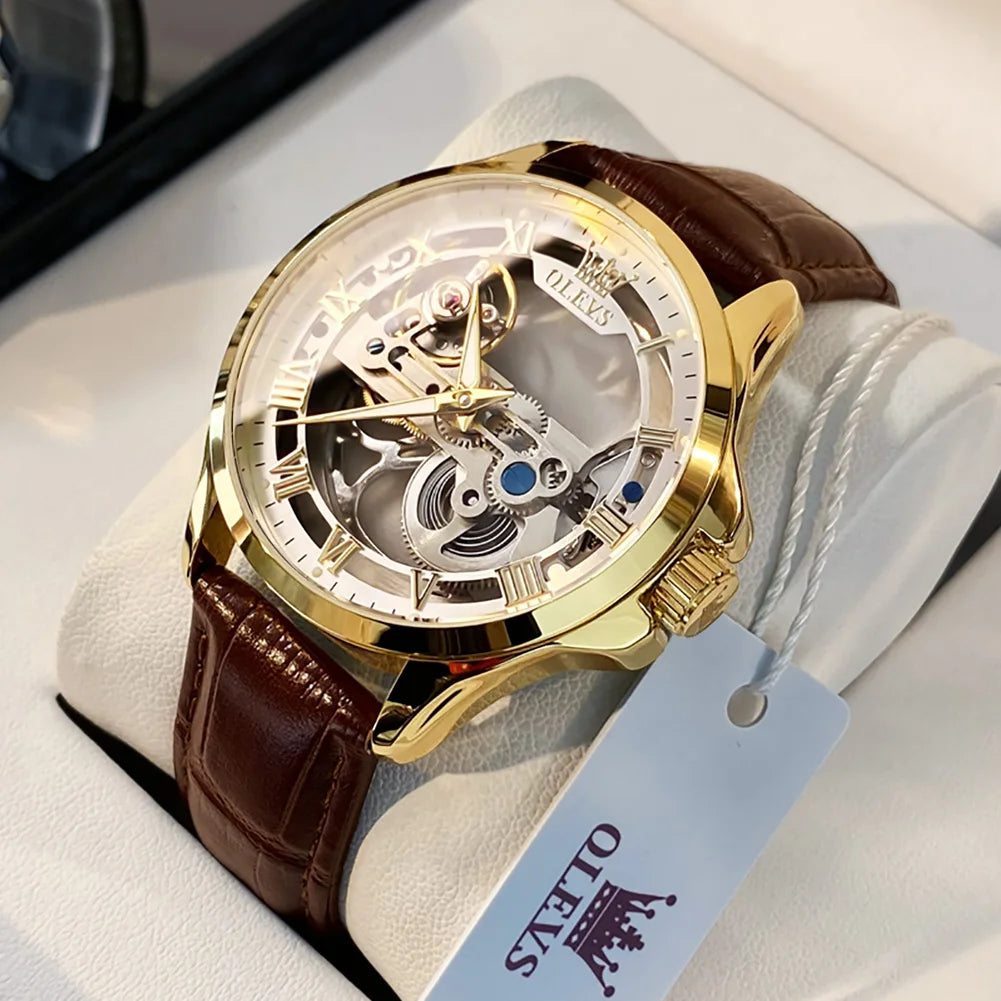 OLEVS Luxury Men Watches Automatic Mechanical Wristwatch Skeleton Design Waterproof Leather Strap Male Watch Reloj Hombre by Dralexda Shop